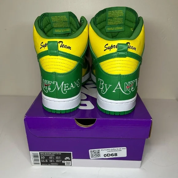 NWT 2022 SUPREME x NIKE SB DUNK HIGH “BY ANY MEANS NECESSARY” BRAZIL MENS SZ 10